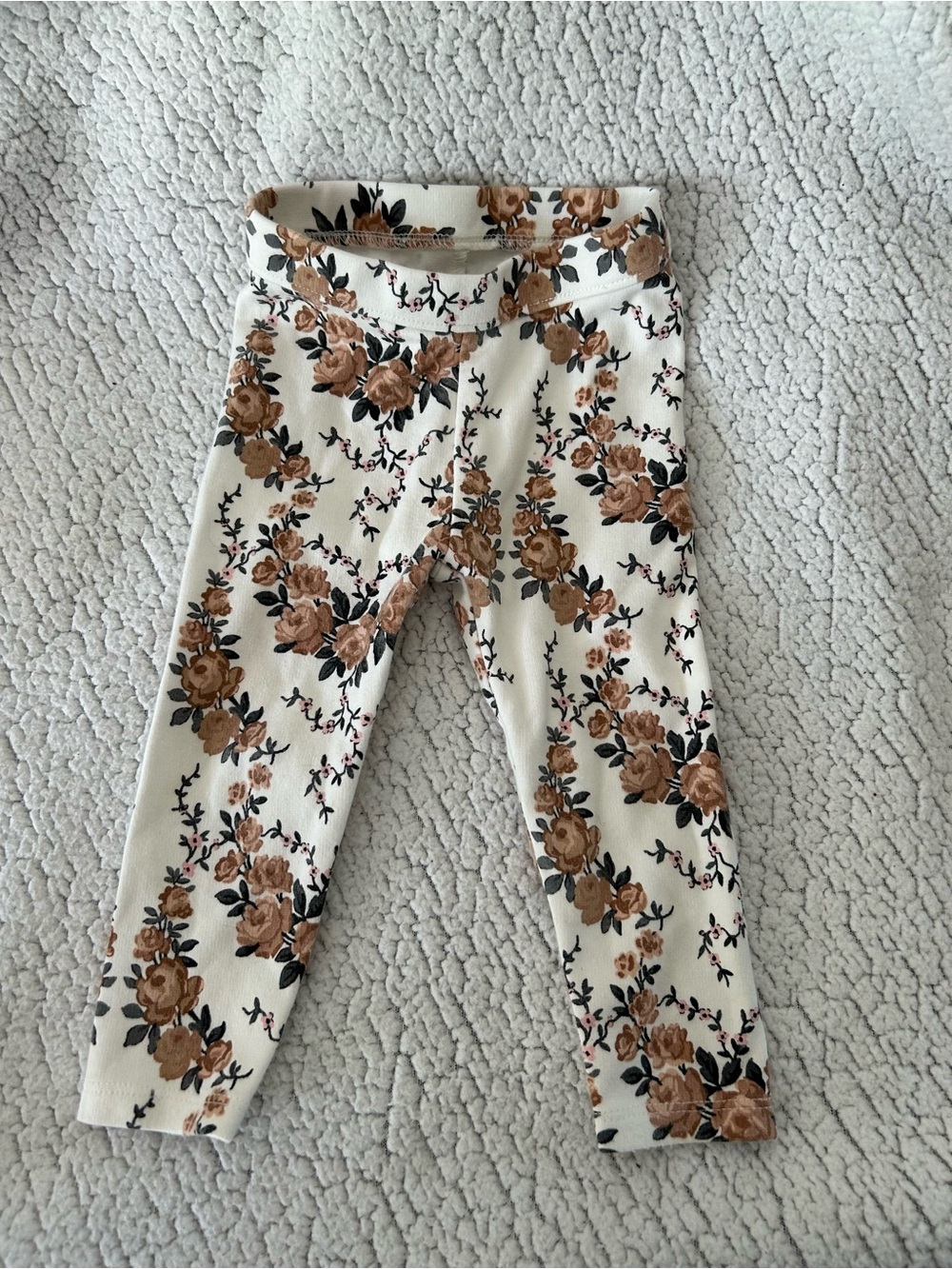 Kids Floral Leggings - Cream with Brown Rose Print